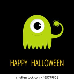 Happy Halloween greeting card. Green monster with big eye and tail. Funny Cute cartoon character. Baby collection. Flat design. Black background. Vector illustration