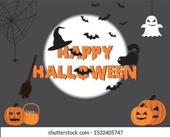 Happy halloween greeting card with grey and white background and pumpkin, hat, broom, ghost icons.