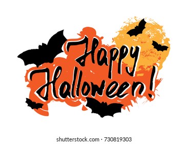 Happy Halloween greeting card with grunge hand written lettering and paint smear on white background. Trick or treat. Vector illustration