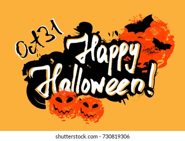 Happy Halloween greeting card with grunge hand written lettering and brush drawn smears in shape of pumpkins and moon on orange background. Trick or treat. Vector illustration