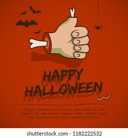 Happy halloween greeting card with hand and approval gesture animals on red background cartoon style vector illustration