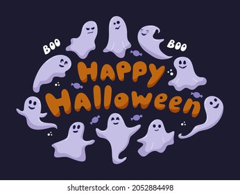 Happy Halloween greeting card with hand drawn lettering. Cute funny happy ghosts are flying around the text. Cartoon childish vector with different emotions on purple background. 