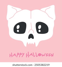 Happy Halloween greeting card with a Hand drawn cat skull isolated on pink background. Vector illustration