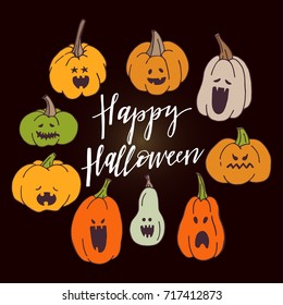 Happy Halloween greeting card with hand drawn pumpkins. Vector illustration.Design elements for Halloween event.
