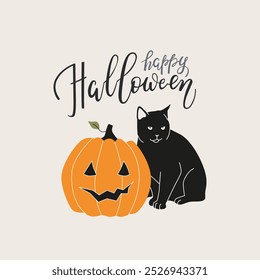 Tarjeta de felicitación feliz de Halloween con el texto escrito a mano, el gato negro y la decoración tradicional de la calabaza. Linda ilustración para redes sociales, Web o impresión