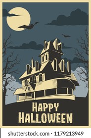 Happy Halloween Greeting Card Haunted Mansion, Full Moon and Dry Wood