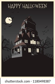 Happy Halloween Greeting Card Haunted Mansion, Bats and Full Moon