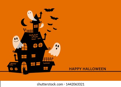 Happy halloween greeting card with haunted house and scary ghost. Holidays party poster.