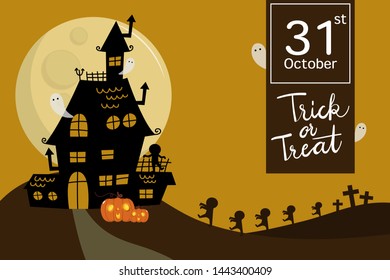 Happy halloween greeting card with haunted house, zombies and scary ghost. Holidays party poster.