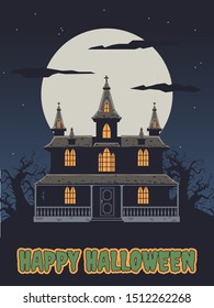 Happy Halloween Greeting Card Haunted Mansion, Dead Trees, Full Moon Spooky Illustration 