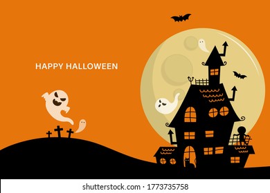 Happy halloween greeting card with haunted house and scary ghosts. Holidays party poster. -Vector