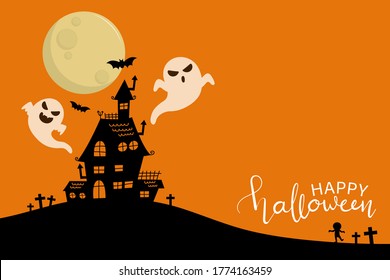 Happy halloween greeting card with haunted house and scary ghosts. Holidays party poster. -Vector