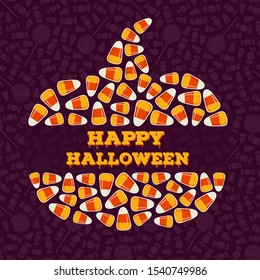 Happy Halloween greeting card. Holiday background. Trick or treat concept poster. Pumpkin silhouette frame, border made of small candy corns pile. Traditional holiday sweets wallpaper. Vector art