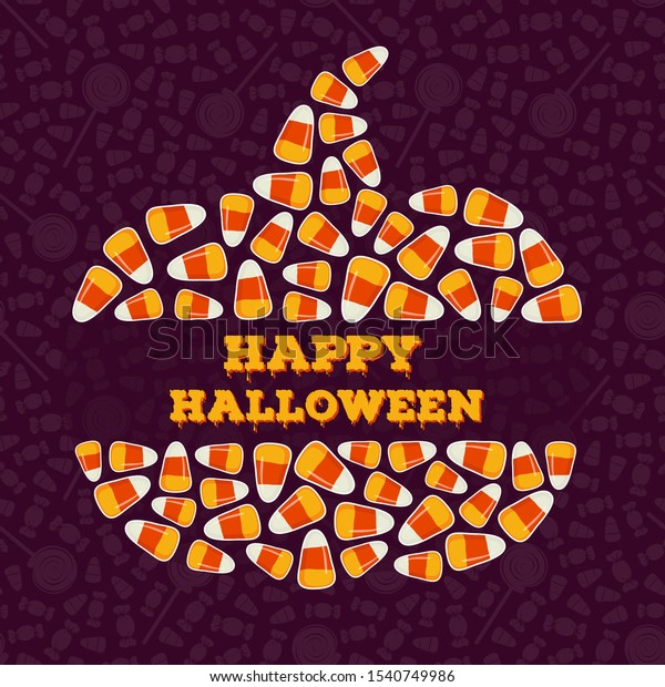 Happy Halloween greeting card. Holiday background.\
Trick or treat concept poster. Pumpkin silhouette frame, border\
made of small candy corns pile. Traditional holiday sweets\
wallpaper. Vector art