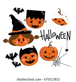 Happy Halloween greeting card. Holidays pumpkin cartoon character vector. Flat style. Ghost and bat.