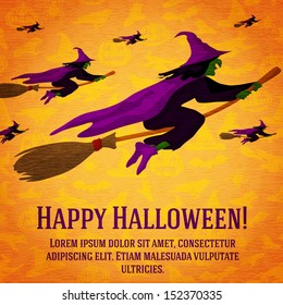 Happy halloween greeting card with horde of the witches flying on the brooms. On the bright halloween background with bats, witches, hats, spiders, pumpkins.