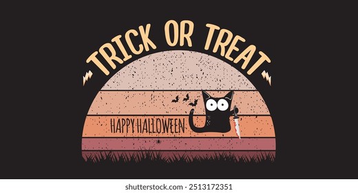 Feliz cartão de saudação de halloween e banner horizontal com gato preto segurando faca isolada no fundo do sol vintage. Engraçado gato preto de Halloween segurando uma faca sangrenta. Ilustração do conceito de Halloween