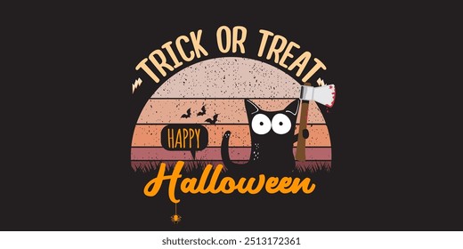 Feliz cartão de saudação de halloween e banner horizontal com gato preto segurando faca isolada no fundo do sol vintage. Engraçado gato preto de Halloween segurando uma faca sangrenta. Ilustração do conceito de Halloween