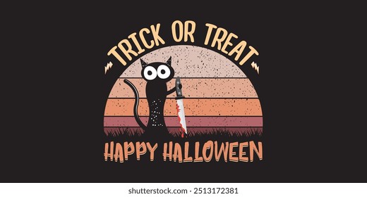 Feliz cartão de saudação de halloween e banner horizontal com gato preto segurando faca isolada no fundo do sol vintage. Engraçado gato preto de Halloween segurando uma faca sangrenta. Ilustração do conceito de Halloween