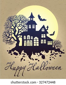 Happy Halloween greeting card with house, trees and full moon design background. Vector illustration.