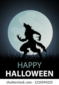 Happy halloween greeting card with howling werewolf in full moon night