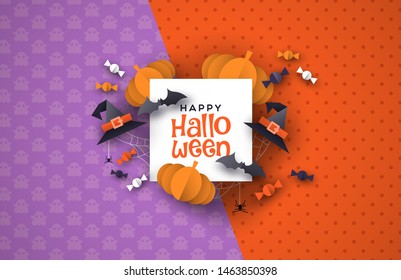 Happy halloween greeting card illustration, autumn season papercut craft decoration with white paper frame. Scary trick or treat cutout icons include pumpkin, bat, spider and witch hat.