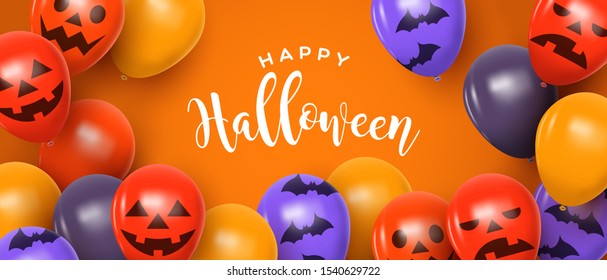 Happy halloween greeting card illustration of funny pumpkin face balloons in realistic 3d style. October event background for party invitation or spooky event.