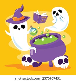 Happy halloween greeting card illustration : Cute Ghosts Casting Spells and Potions in a Witch's Cauldron.Cute Halloween illustration.