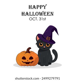 Happy Halloween. Greeting card or invitation with cute pumpkin and black cat in witch hat isolated on white background. Vector illustration