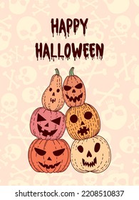 Happy Halloween greeting card. Jack o' lanterns in vintage style. Pumpkins with scary faces.