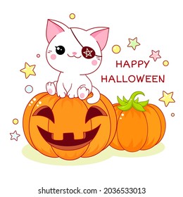 Happy Halloween. Greeting Halloween card with kawaii cat with eye patche sitting on a pumpkin. Vector illustration EPS8 