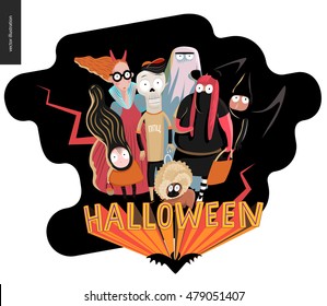 Happy Halloween greeting card and lettering  Vector cartoon illustrated group kids wearing Halloween costumes   french bulldog  scared by something 