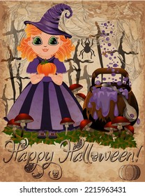 Happy Halloween greeting card, Little cute witch with pumpkin, mushrooms and potion, vector illustration	