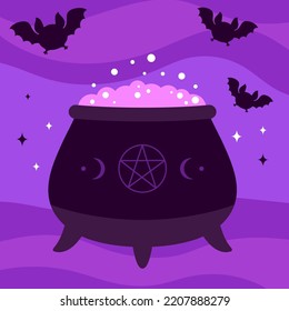 happy halloween greeting card with magic potion cauldron with bats and stars, flat vector cute cartoon design