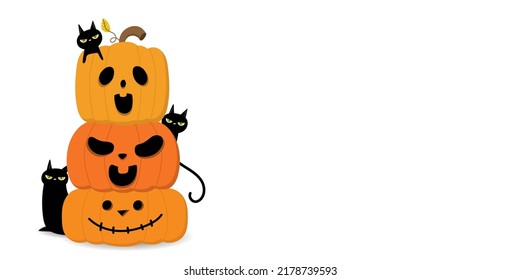 Happy halloween greeting card with monster pumpkin and black cat. Holidays cartoon character. -Vector