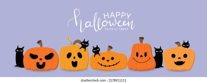 Happy halloween greeting card with monster pumpkin and black cat. Holidays cartoon character. -Vector