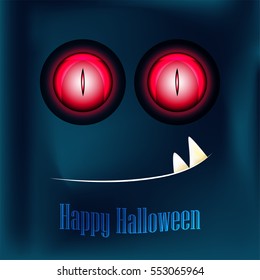 Happy Halloween, greeting card with monster.
Red eyes and teeth monster.