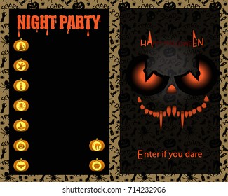Happy Halloween greeting card with Monster mask,pumpkin,spider,bat,bones,ghost. Halloween poster ,banner,background,flyer, menu.Halloween icon.Vector Illustration. Halloween Party Invitation Design