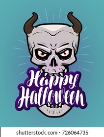 Happy Halloween, greeting card. Monster with horns, devil, demon cartoon. Handwritten lettering, calligraphy vector illustration