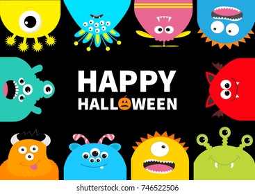 Happy Halloween greeting card. Monster frame. Orange pumpkin. Cute cartoon scary character set. Different emotion. Baby collection. Black background Isolated. Flat design. Vector illustration.