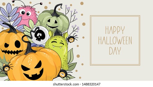 Happy Halloween greeting card with monsters and pumpkins. Handwriting calligraphy. Vector.