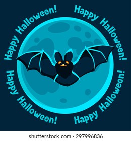 Happy Halloween greeting card with moon and flying bat.