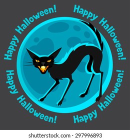 Happy Halloween greeting card with moon and angry cat.