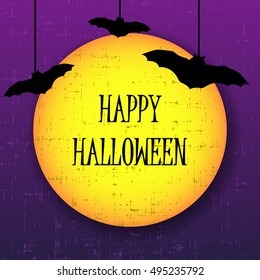 Happy halloween greeting card with moon and bats. Vector illustration.