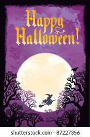Happy Halloween greeting card / moon / purple