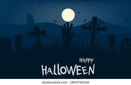 Happy Halloween Greeting Card. Old mystic cemetery. Mystic night with full moon. Template for advertising brochure. Vector illustration