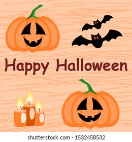 Happy Halloween greeting card with orange pumpkins, candles, bats and textured background. Vector illustration for banner, poster, greeting card, party invitation.