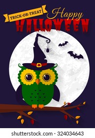 Happy Halloween! Greeting card with owl and bats. Flat style with long shadows. Vector illustration.