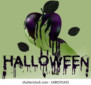 Happy halloween greeting card.  Poisoned apple and witch hand, vector illustratio
