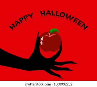 Happy halloween greeting card. Poisoned red apple and witch hand. Vector illustration.